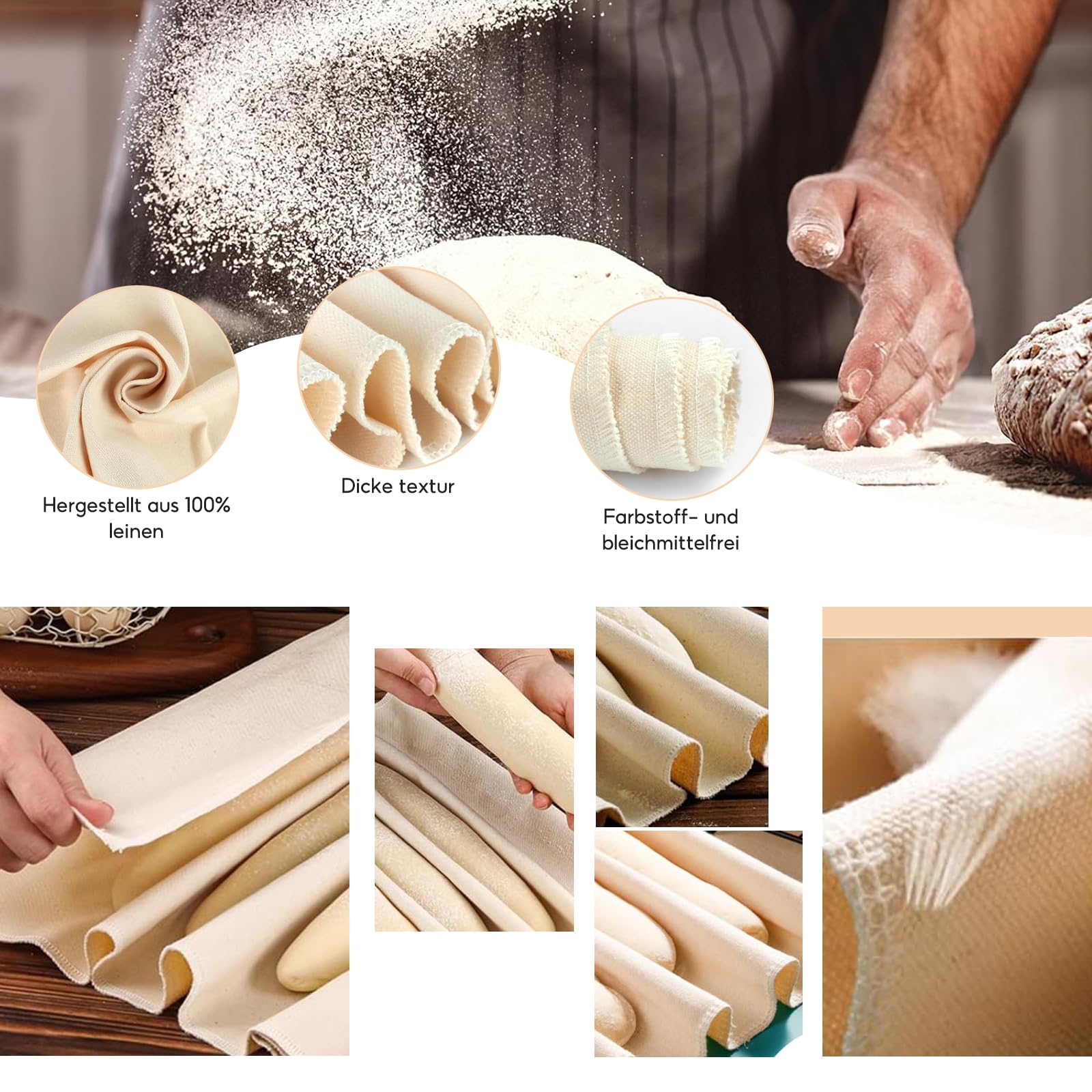 4 Stück Bäckerleinen 75x45cm 100% Baumwolle – Teigtuch Zum Gehenlassen Von Brotteig & Sauerteig Für Perfekte Kruste