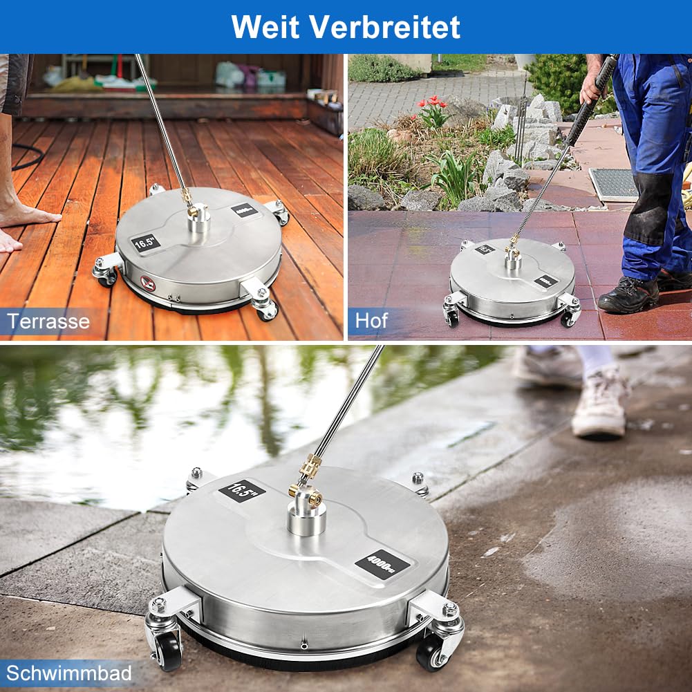 Limpiador de Suelo Exterior con 4 Ruedas, Máquina Limpiadora de Superficies de Acero Inoxidable, Industrial con 2 Varillas de Extensión para Hidrolimpiadora, para Terraza