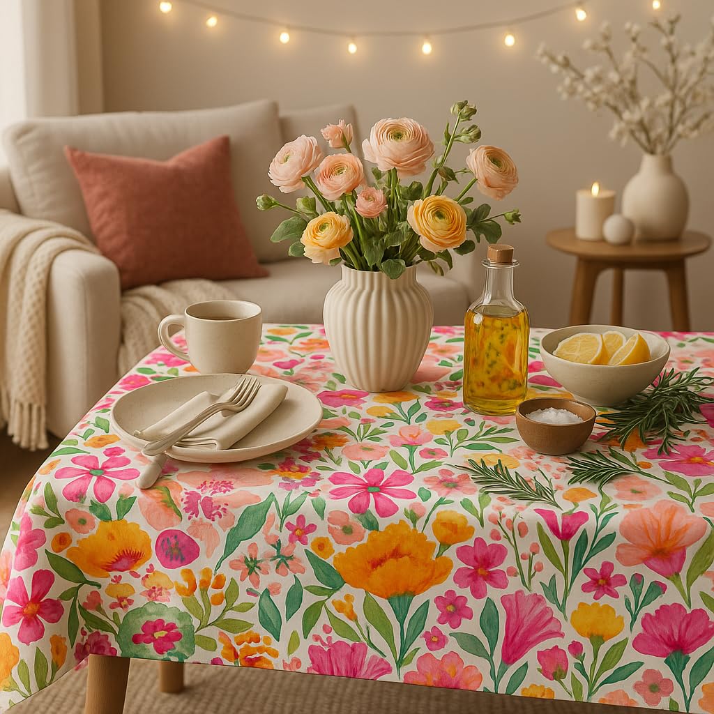 WWW.THROWPILLOW.IN Pink Floral Print Boho Printed Dining Table Cover Rectangle Shape 52"x 96", Anti Skid Table Cloth for 7 Feet Center Coffee Table|Living Room Diwali Decor 3