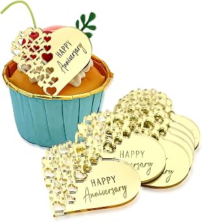 12 Pieces Happy Anniversary Cupcake Topper Gold Mirror Acrylic Cupcake Disc for Anniversary Wedding Party Supplies