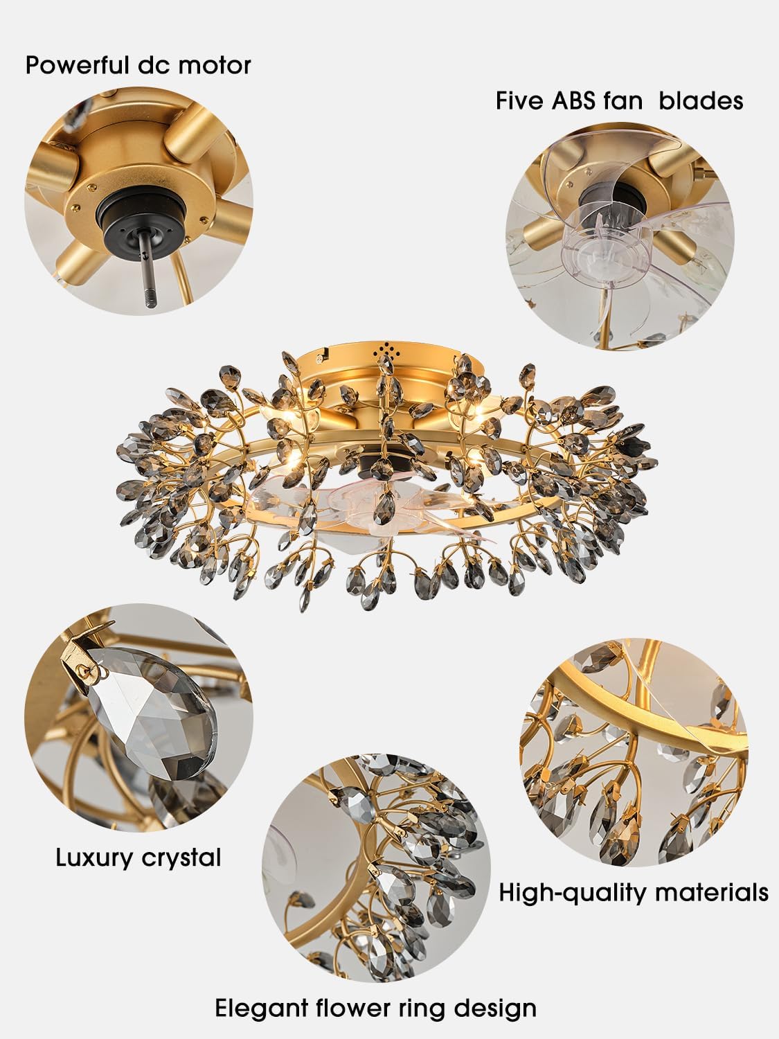 23 Inch Gold Black Crystal Fandelier Ceiling Fan with Light,Modern Chandelier Ceiling Fan with Light and Remote Control,Reversible 5 Blades,Timer,Bladeless Ceiling Fan for Bedroom,Living Room