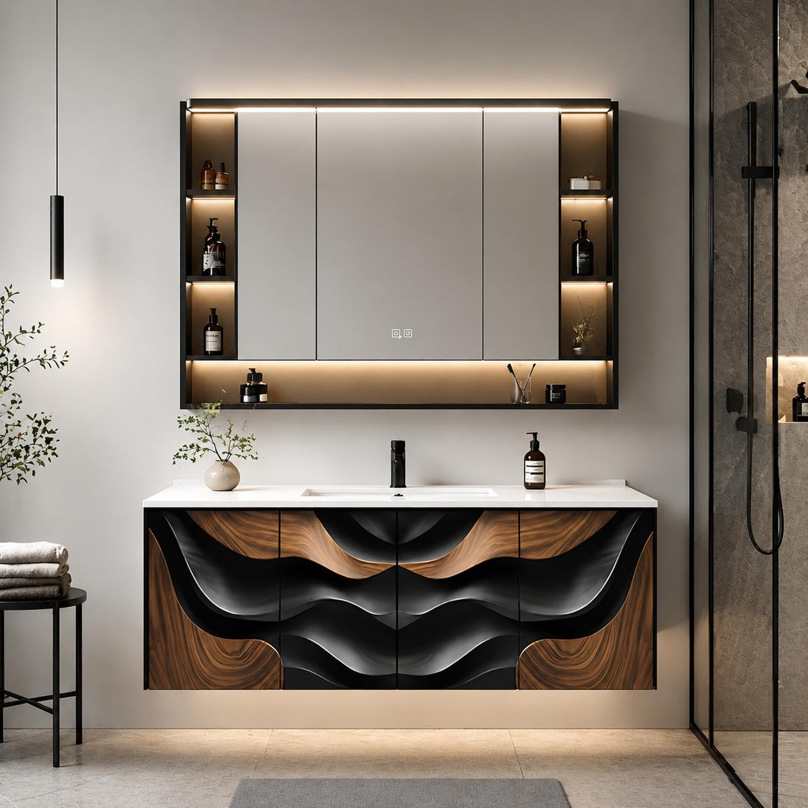 Bagno galleggiante da 172,7 cm con lavabo, unità moderna a parete, specchio antiappannamento intelligente, struttura in legno massello, design salvaspazio per bagni contemporanei