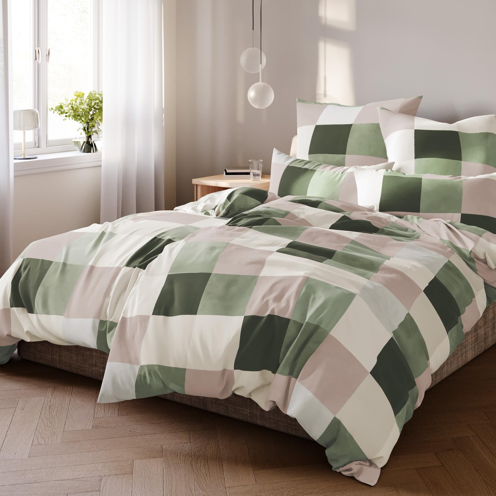 Pure Label Karierte Bettwäsche Set 155x220 80x80 grün aus Baumwolle | Waschbar bei 60∘C - Atmungsaktiv für Sommer & Winter