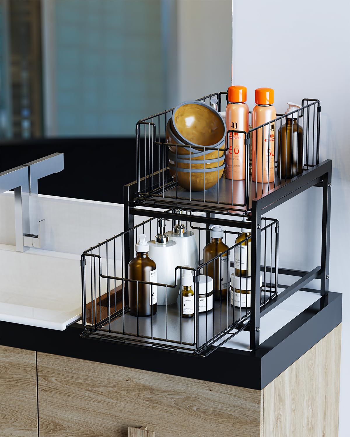 Scaffale Sottolavello Portaoggetti con 2 Cestelli Scorrevoli, Organizer Sottolavello Cucina In Acciaio Inox, Organizer Sotto il Lavello, 2 Livelli Sotto Lavello Cucina Organizer(Nero)