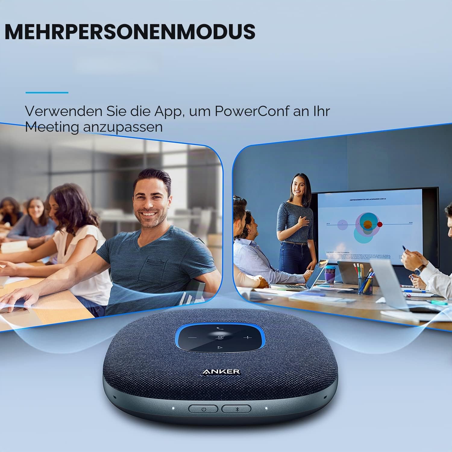 Anker PowerConf S3 Bluetooth-Freisprecheinrichtung mit sechs eingebauten Mikrofonen, verbesserte Tonaufnahme, 24 Stunden Anrufzeit, App-Steuerung, Bluetooth 5, USB-C (blau) (Generalüberholt)