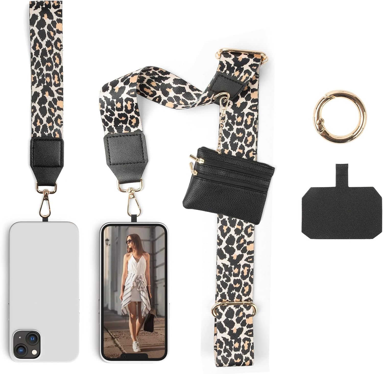 Clip and Go Phone Strap with Wallet Crossbody, Phone Chain Cross Body with Detachable Zippered Pouch, Lanyard with Purse, Adjustable Mobile Strap (Black+White+Green+Leopard)