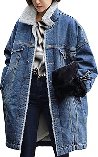 Women's Thick Fleece Lined Button Down Mid Long Quilted Denim Jacket Ove...