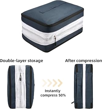 5 Set Compression Packing Cubes for Suitcases, Travel Organiser for Carry on Hand Luggage Newest Double Sided Expandable Packing Bags with Shoes Bag (Navy)
