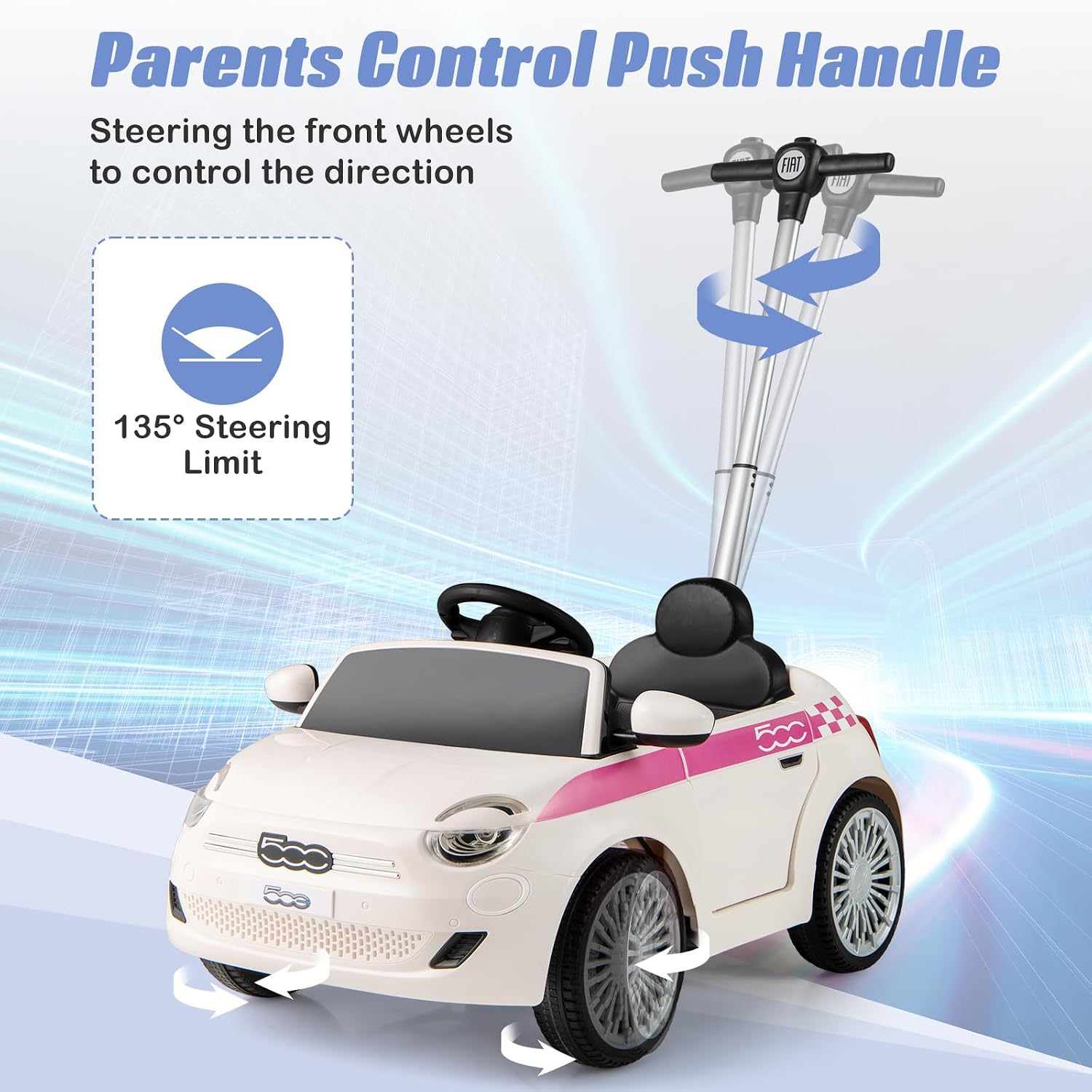 OLAKIDS Push Car for Toddlers, 3 in 1 Licensed Fiat 500e Baby Sliding Walking with Parent Control Handle Adjustable Canopy Footrest, Kids Ride on Toys with Horn for Boys Girls (White)