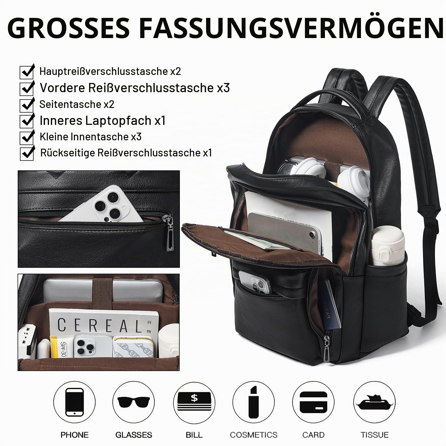 LATMAP Lederrucksack Damen 30L,Rucksack Damen Tagesrucksack Mittel-Groß Laptoprucksack Elegant Handtasche Unisex Lederrucksack mit Geldbörse für Uni Reisen Freizeit