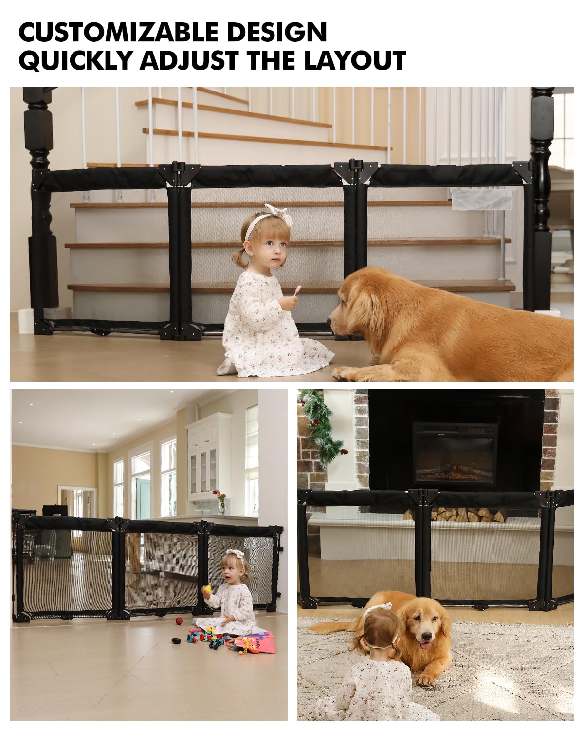 Extra Wide Baby Gate Playpen with Heat-Resistant Mesh,3 Panel Foldable Baby Fence,Indoor/Outdoor Safety Barrier,Dog Playpen & Fireplace Gate