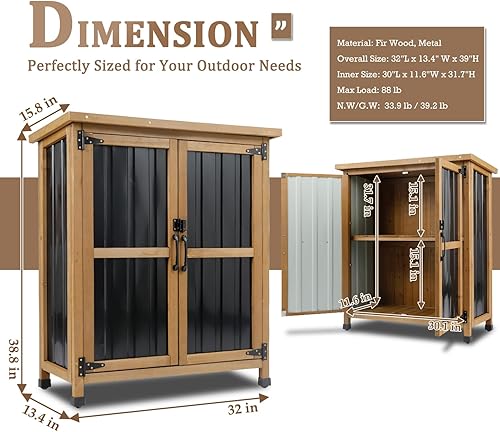 Miniatura 2 de Armario de almacenamiento resistente a la intemperie para exteriores con puertas con cerradura, cobertizo de almacenamiento de madera y metal para