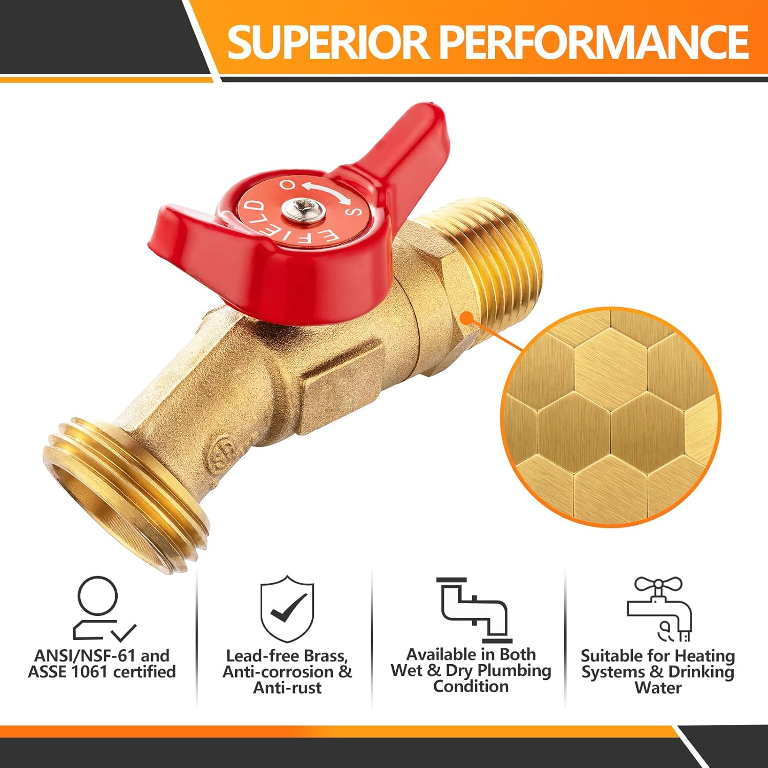 10-Pack HeSun Outdoor Hose Bibb Faucet/Valve,1/4-Turn Brass Sillcock Garden Spigot,3/4" Male NPT Inlet x 3/4" Male Hose Thread (GHT) Outlet,Red(BOILER005-10)