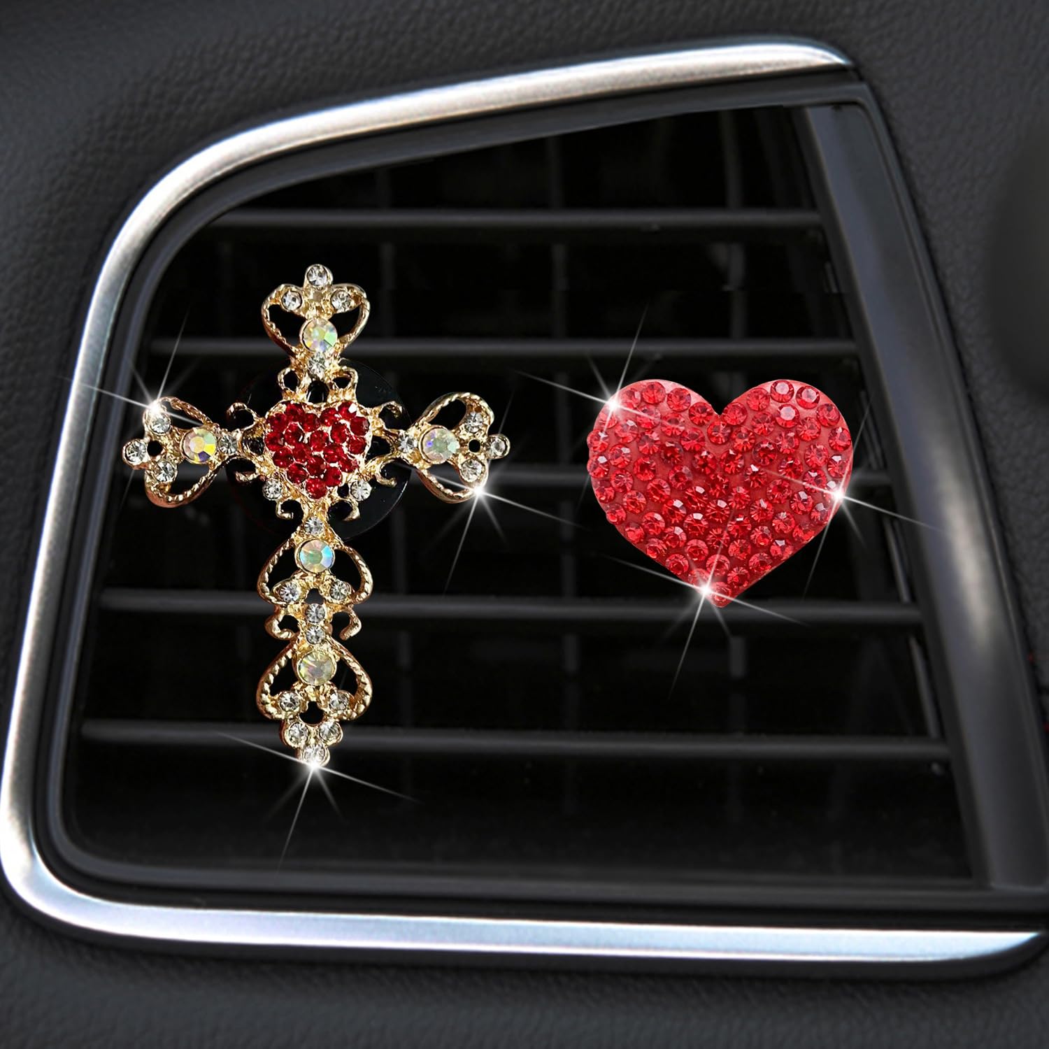 2 Pack Bling Car Vent Clip Decor, Diamond Cross & Heart Air Freshener - Women's Car Essentials (Red)