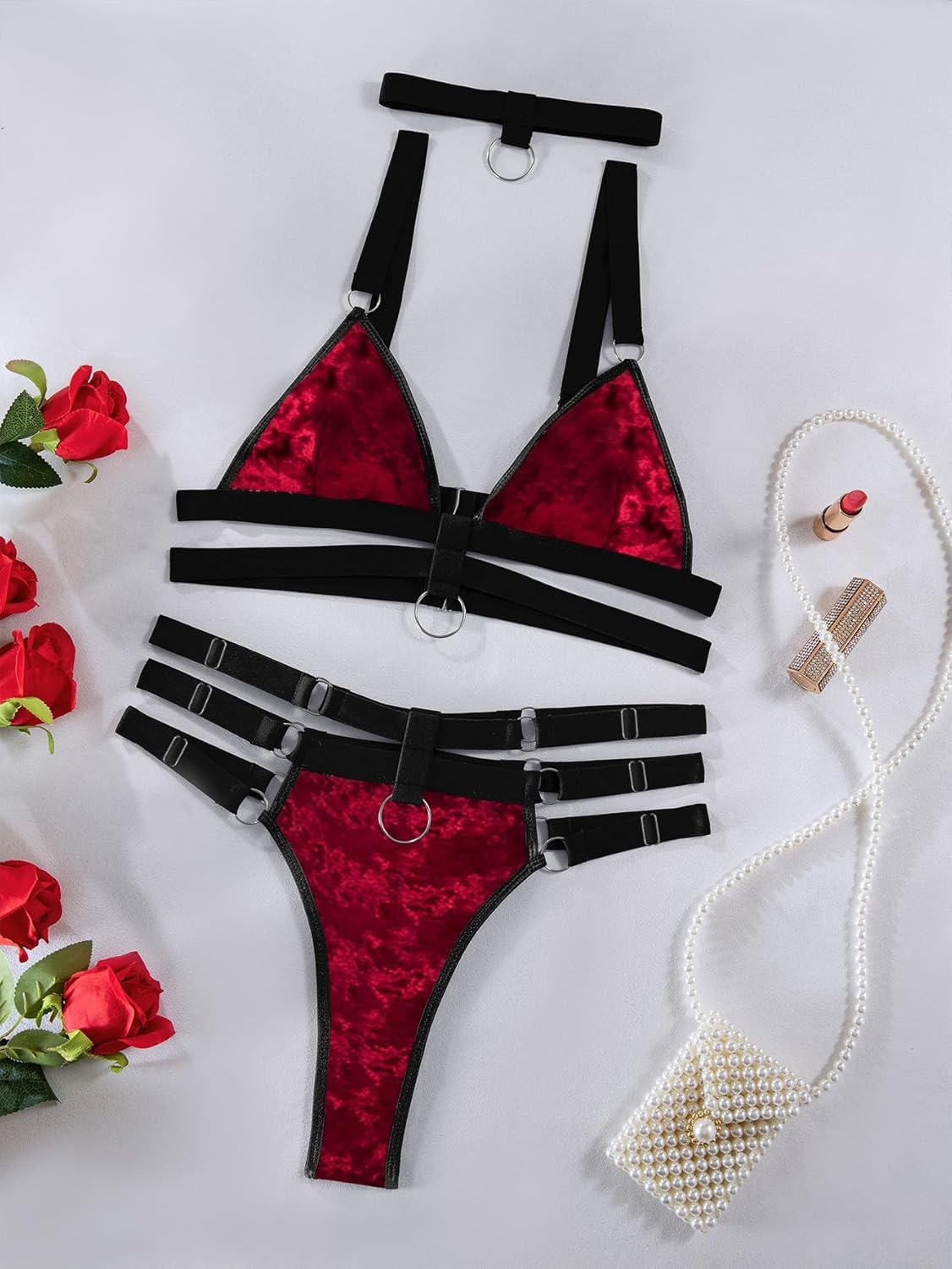 Lilosy Sexy Wireless Choker O Ring Linked Strappy Harness Lingerie Set Outfits 3 Piece