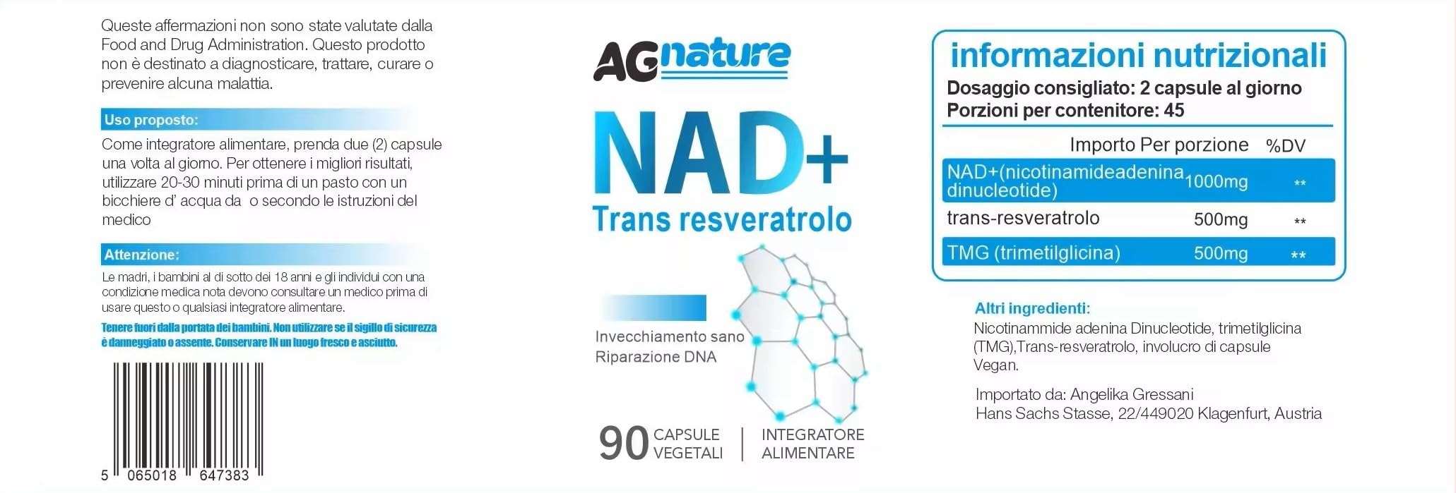 NAD Resveratrolo 1000mg 90Cps Integratore Nicotinamide Puro - Complex Anti-Età e Anti-Fatica con Niacina, Trans Resveratrolo e Trimetilglicina