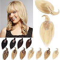 Vista 26 de Toppers de cabello humano real para mujer con cabello fino, base de seda, sin flequillo, clip, 10 pulgadas, #12P613 mezcla de castaño dorado y rubio