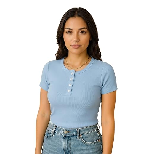 Blusa Feminina Canelada Manga Curta com Botões, Estilo Casual, Gola Redonda Hz Blu-002