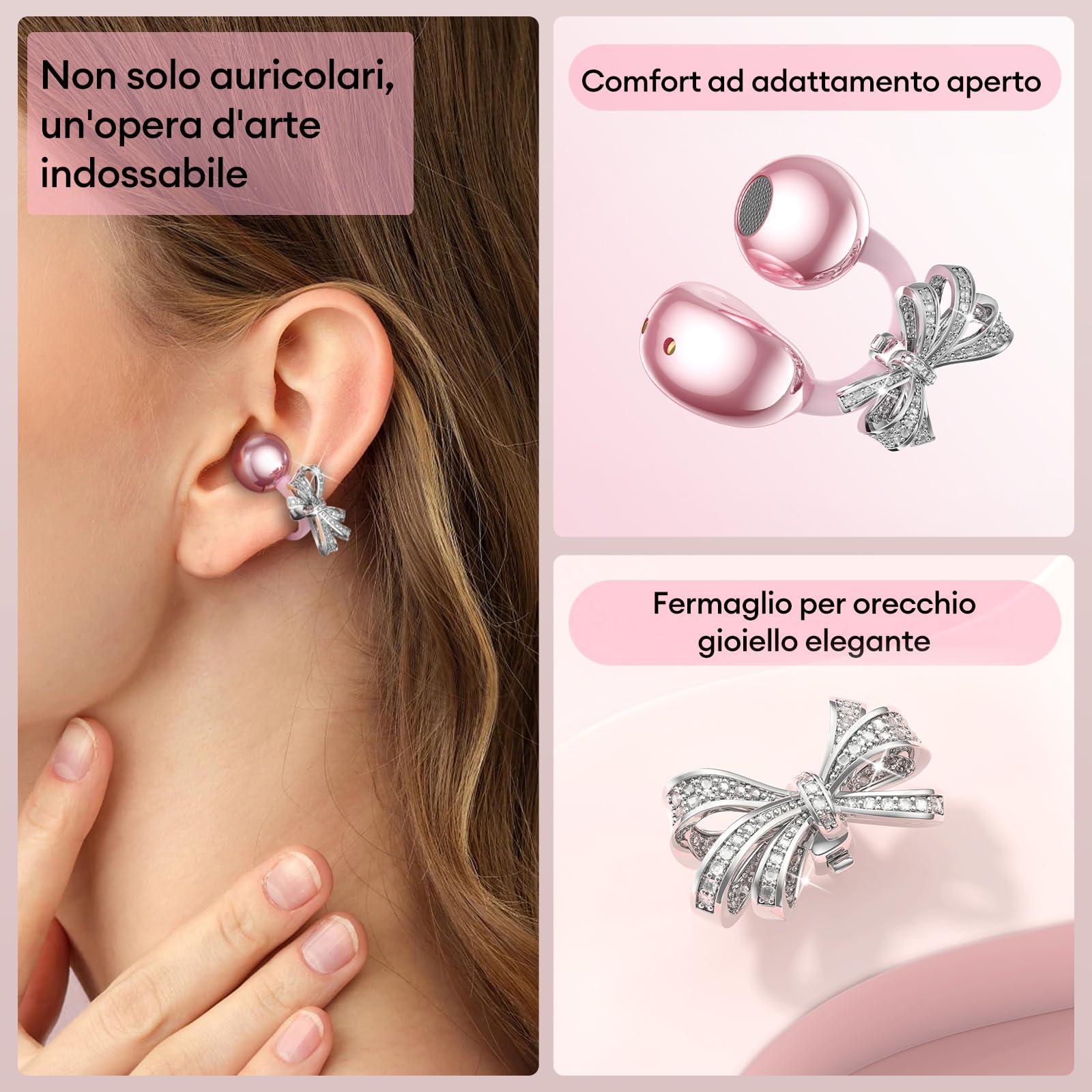 ZOMBIES CAT Cuffie Open Ear Clip-on con Schermo Touch & Orecchini Papillon Rimovibile – Auricolari Bluetooth 5.4, Audio HiFi, Auricolari Open Ear Design Elegante per Sport e Tempo Libero, M100 Rosa