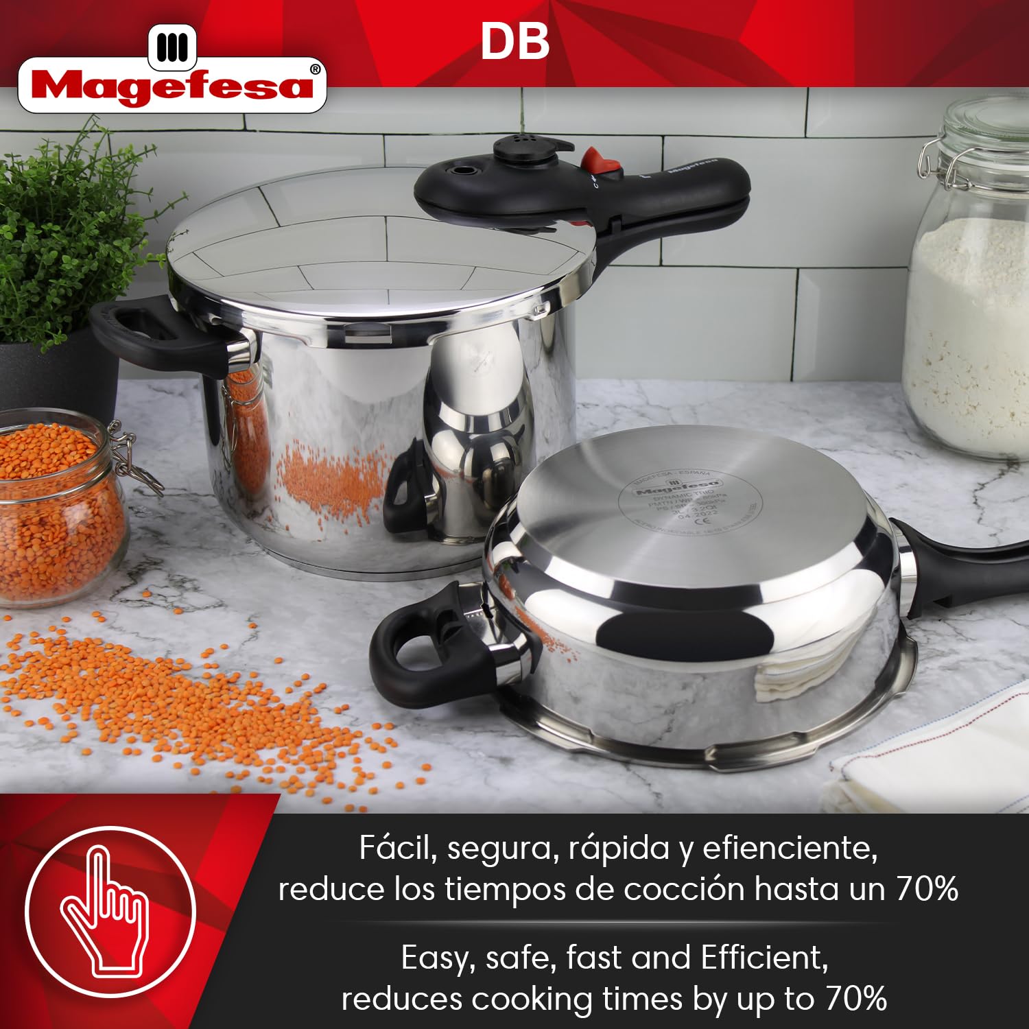 Magefesa DB - Olla Express Rápida de 6 Litros, Acero Inoxidable 18/10, Apta para Todo Tipo de Cocinas Incluida Inducción, 5 Sistemas de Seguridad