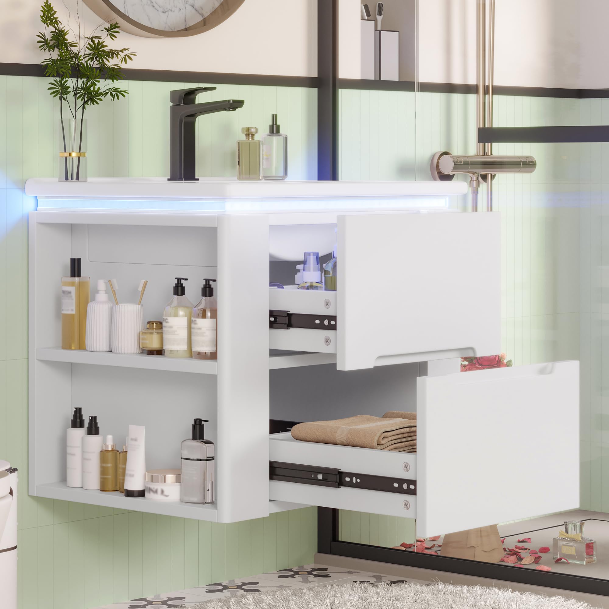 armadio da bagno sospeso a parete, 60 x 46 x 48,5 cm, illuminazione a LED con sensore radar, due cassetti, guide scorrevoli silenziose, lavabo integrato, bianco
