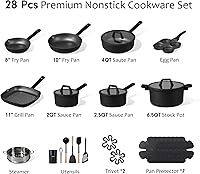 Vista 2 de CAROTE 28PCS Pots and Pans Set, Nonstick Cookware Set Kitchen Non Stick Induction Titanium Cookware Non-toxic Granite Cooking set, PFOA Free, Black
