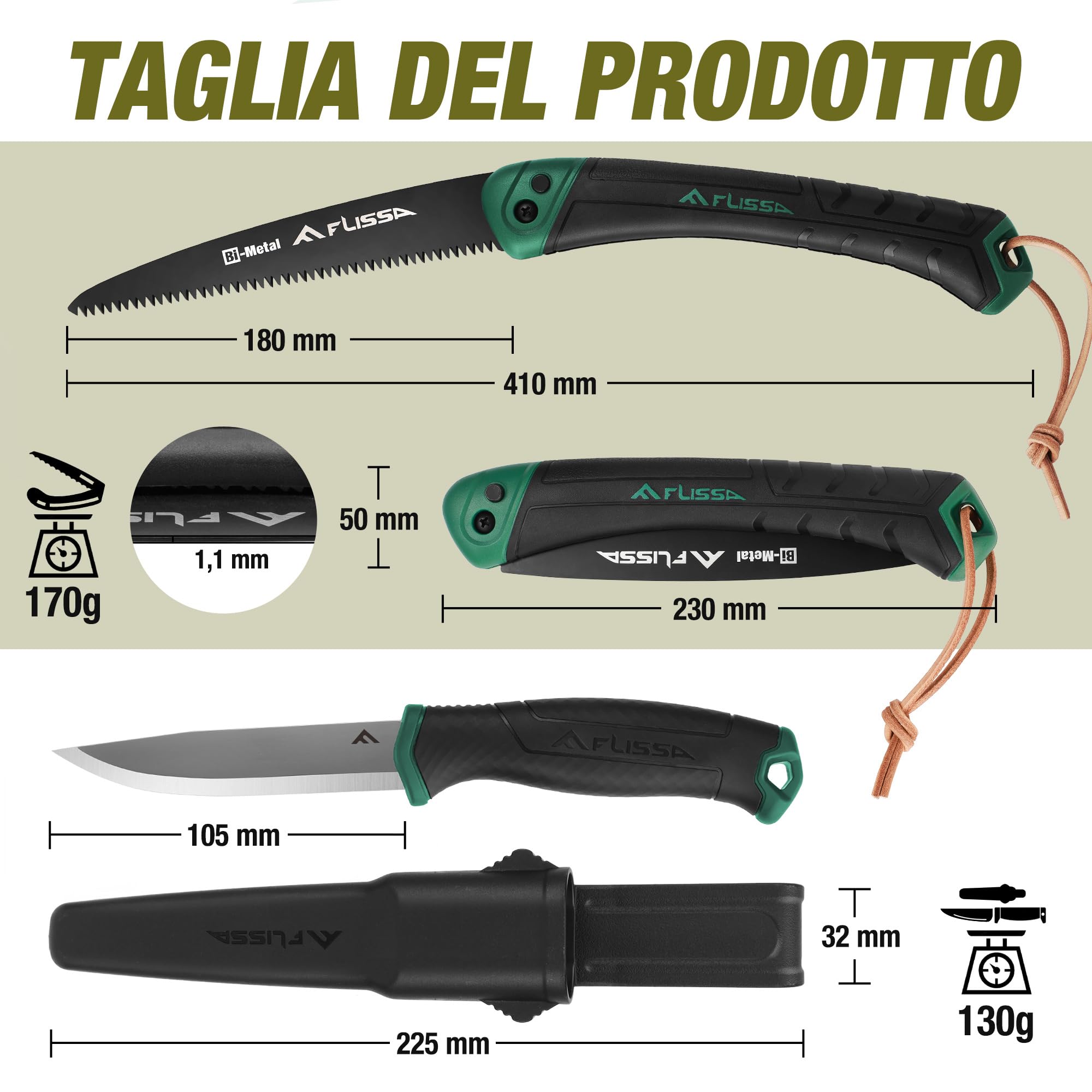 FLISSA Coltello a Lama Fissa & Sega a Mano Pieghevole Set, Coltello da Caccia da Campeggio con Fodero 105mm, Sega da Potatura Pieghevole 180mm per esterni, campeggio, giardino