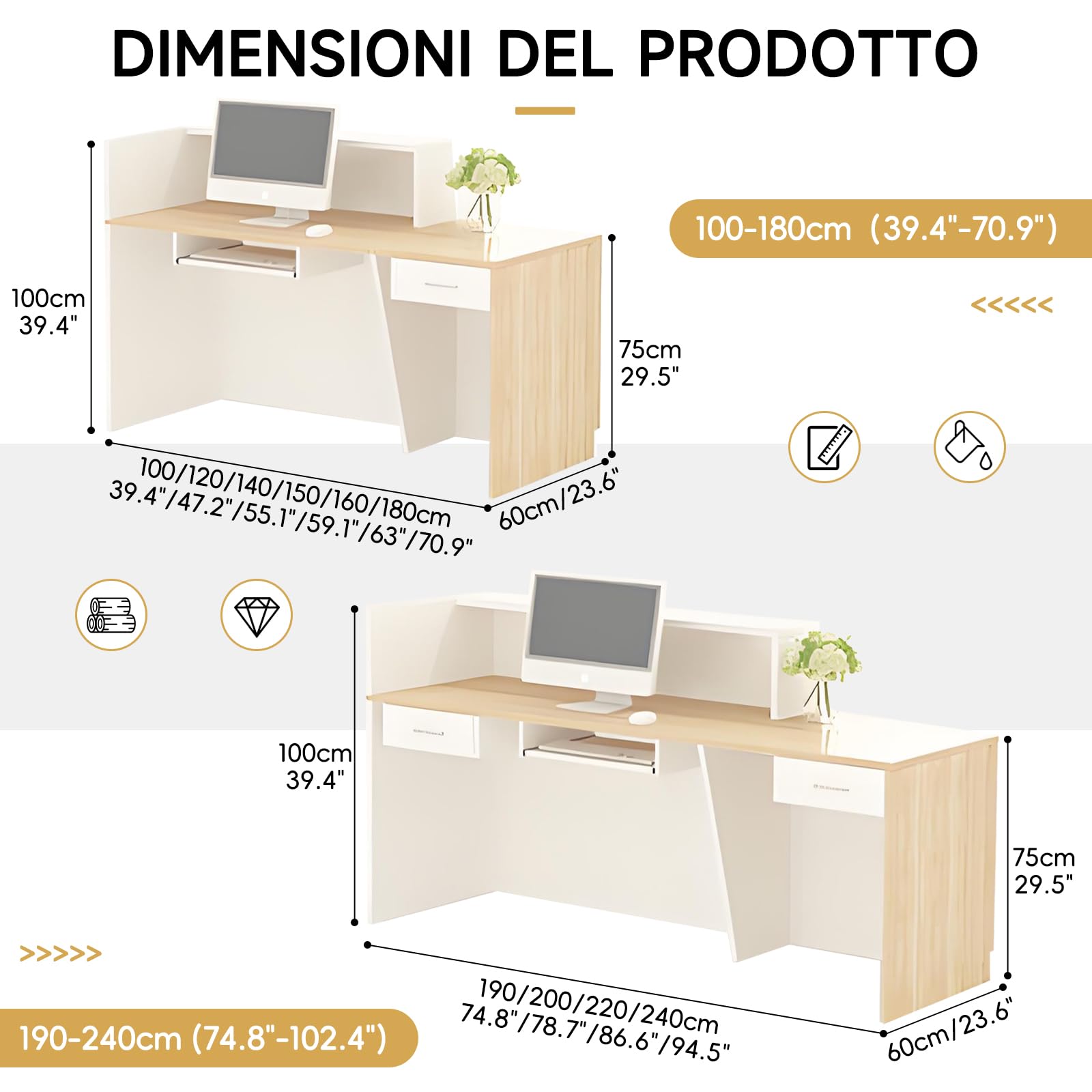 Bancone Reception Moderno con Spazio di Archiviazione, Scrivania Reception da 100–240 cm con Cassetto e Ripiani, Ideale per Uffici, Saloni, Hall e Negozi