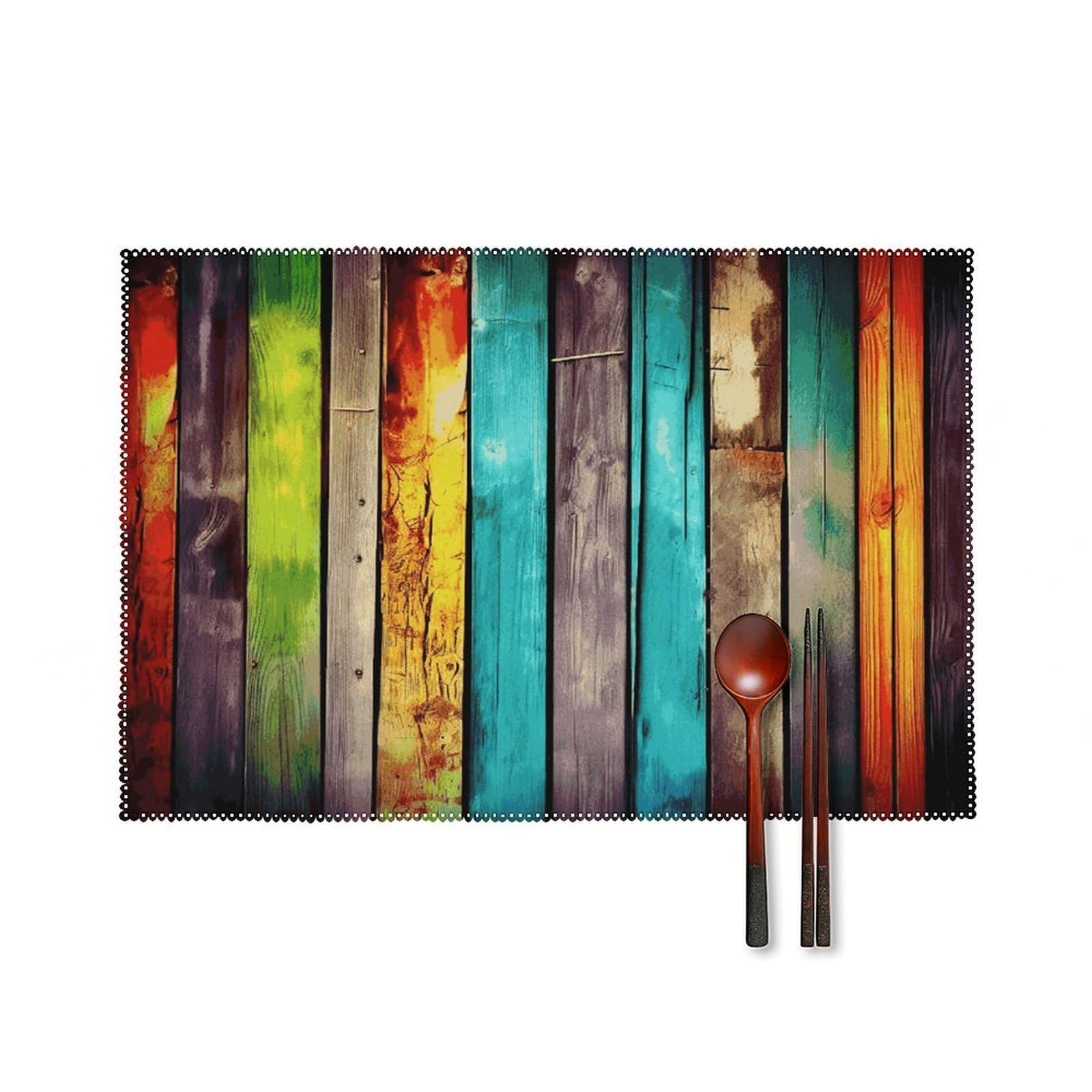 Colorful Wooden Boards Placemats Set of 4 Heat Resistant Non-Slip Place Mats for Dining Table Washable Placemat Wipeable Dining Table Mat Canvas Place Mats Dining Table Decor