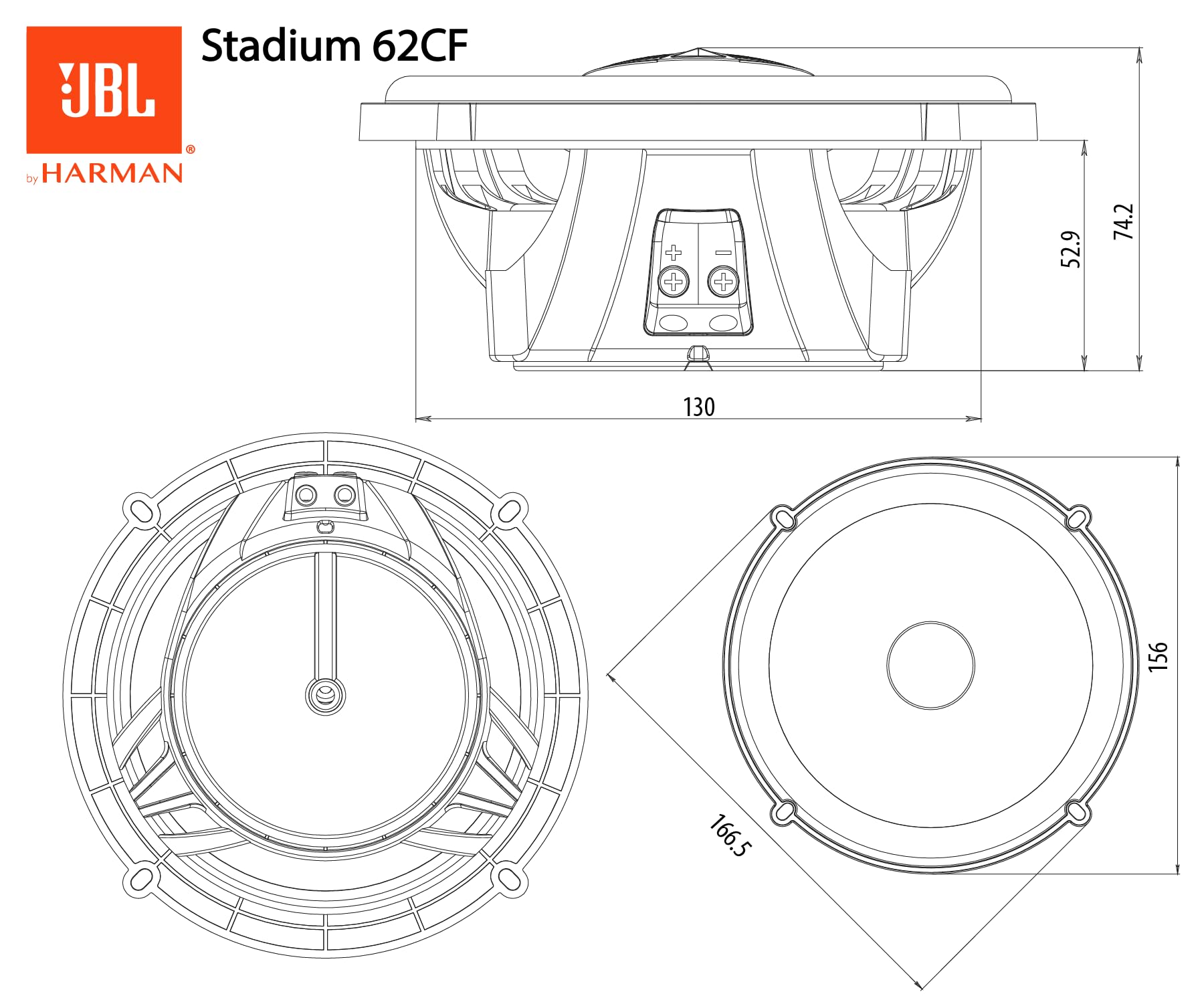 JBL Stadium 62CF Sistema de Altavoces componente 2 vías 6,5", woofer Plus One™, Tweeter Soft-Dome Edge-Driven, Crossover, 3 Ohm, 45 Hz–40 kHz, 93 dB sensibilidad, Montaje Flush/Superficie