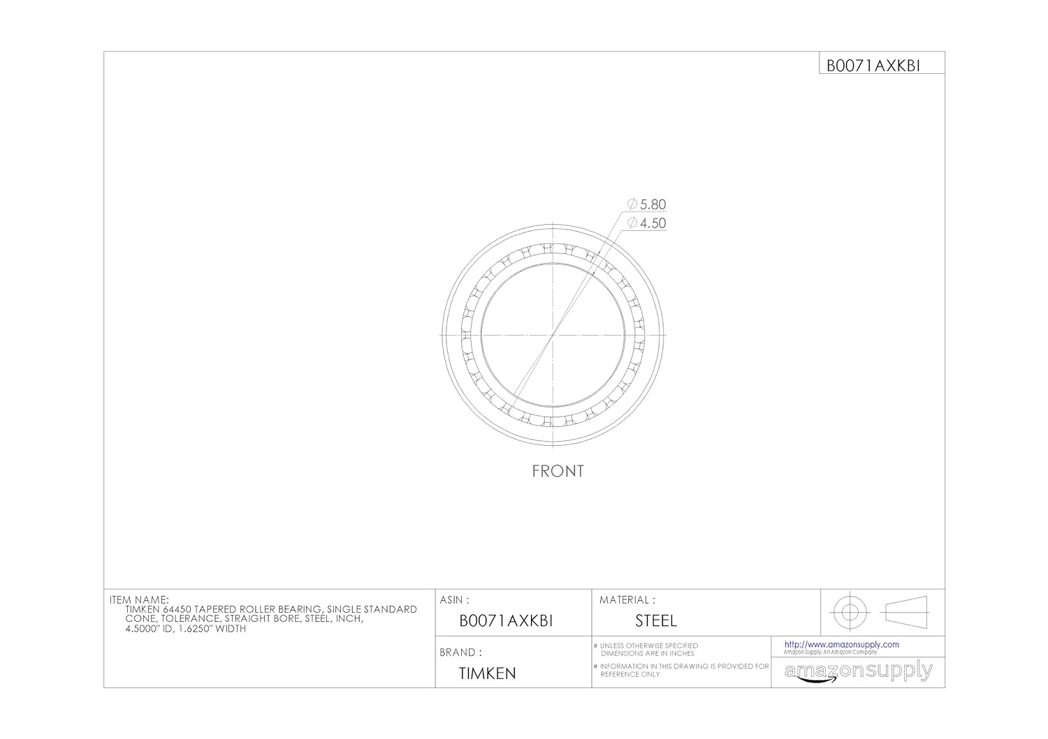 Timken 64450 Tapered Roller Bearing, Single Cone, Standard Tolerance, Straight Bore, Steel, Inch, 4.5000" ID, 1.6250" Width
