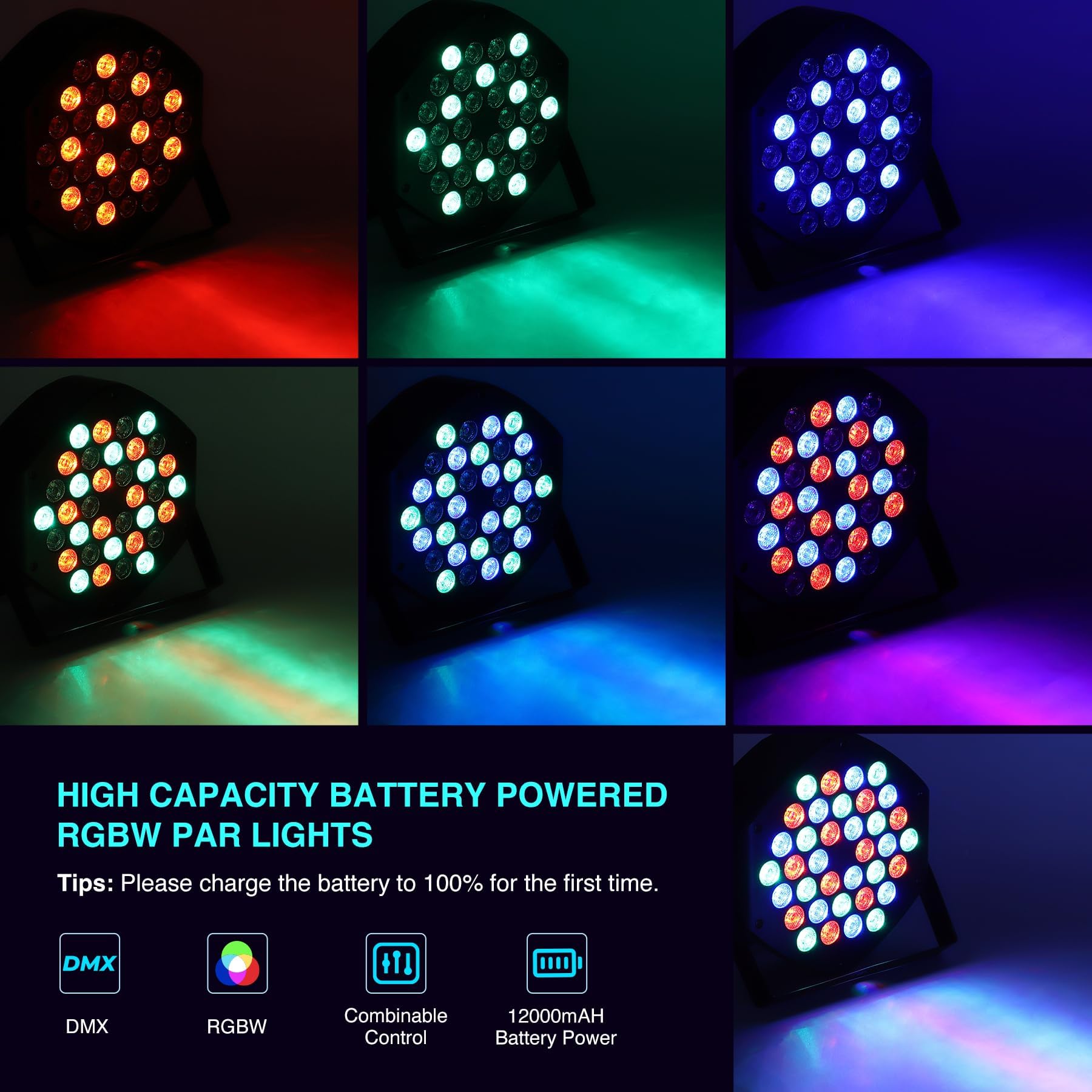 Luces Par LED DJ RGB recargables de 36 LEDs – 7 modos de iluminación, control DMX y remoto flexible – Iluminación para fiestas, discotecas, eventos y DJ – Pack europeo de 4 unidades, batería