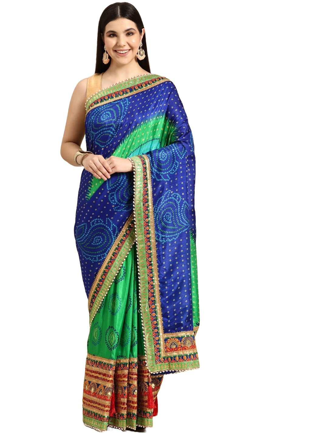 Pandadi Saree Women's Soft Dola Silk With Bhandhani With Colourful Embroidery Heavy Lace Saree With Blouse (Multicolor)