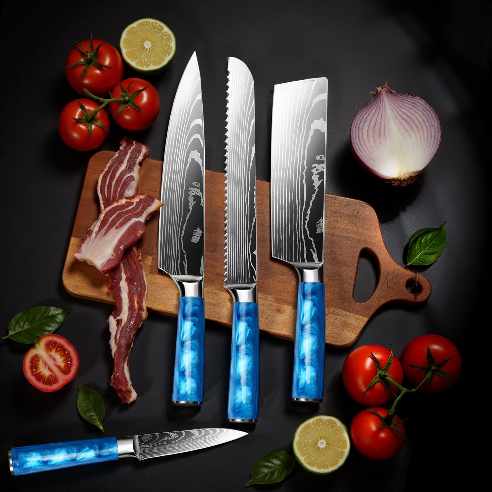 Messerblock Set, mit 10-teilige, Harzgriff, Kitchen knife Set mit Kochemesser, Brotmesser, Santokumesser, Schälmesser, Damast-Muster, Profi Kochmesser Set Geschenkbox (Blau)