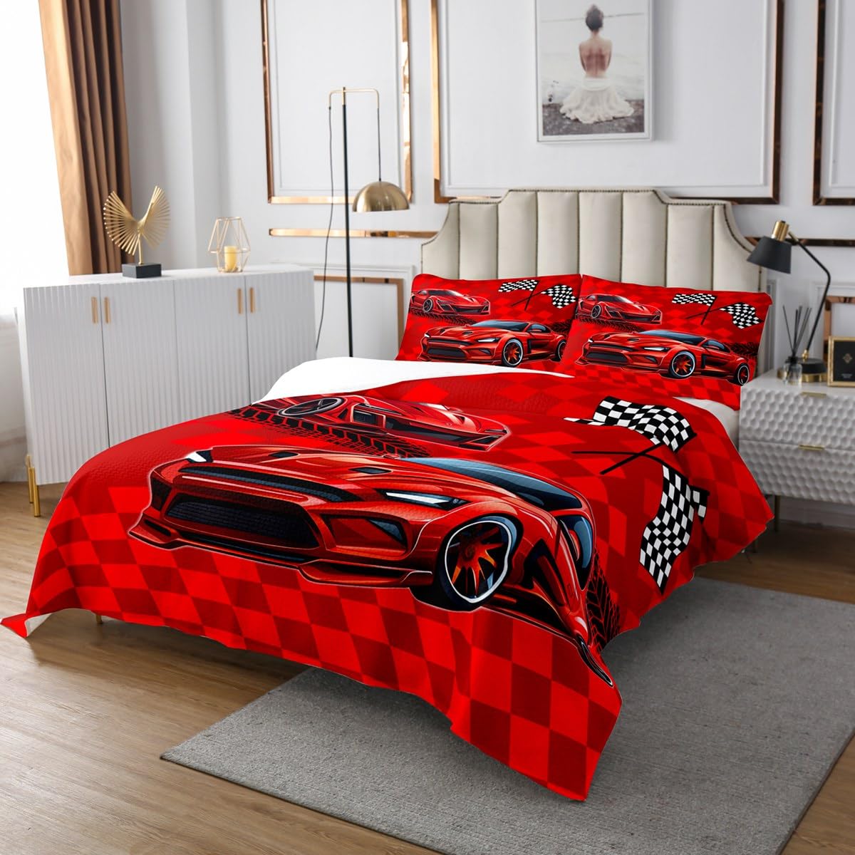 Cool Race Car Quilt Bedding Set Queen Size,Red Sports Cars Speed Race Bedspread Coverlet for Girls Teens,Racing Themed Red Checkered Soft Polyester Quilt Set, All Season