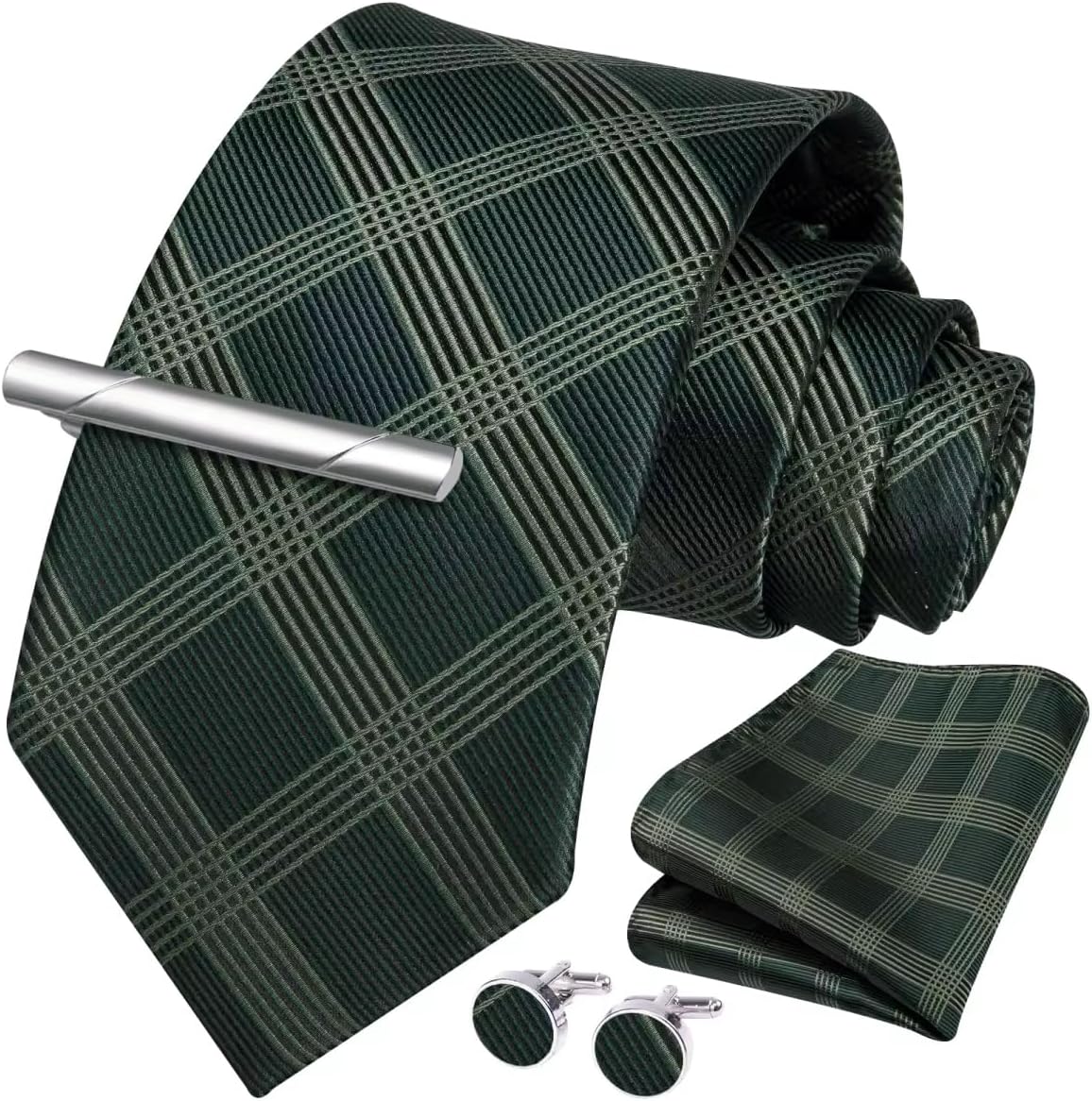 HISDERN Plaid Ties for Men Classic Checkered Tie and Pocket Square Cufflinks Tie Clip Set Woven Men's Necktie Business - Image 2