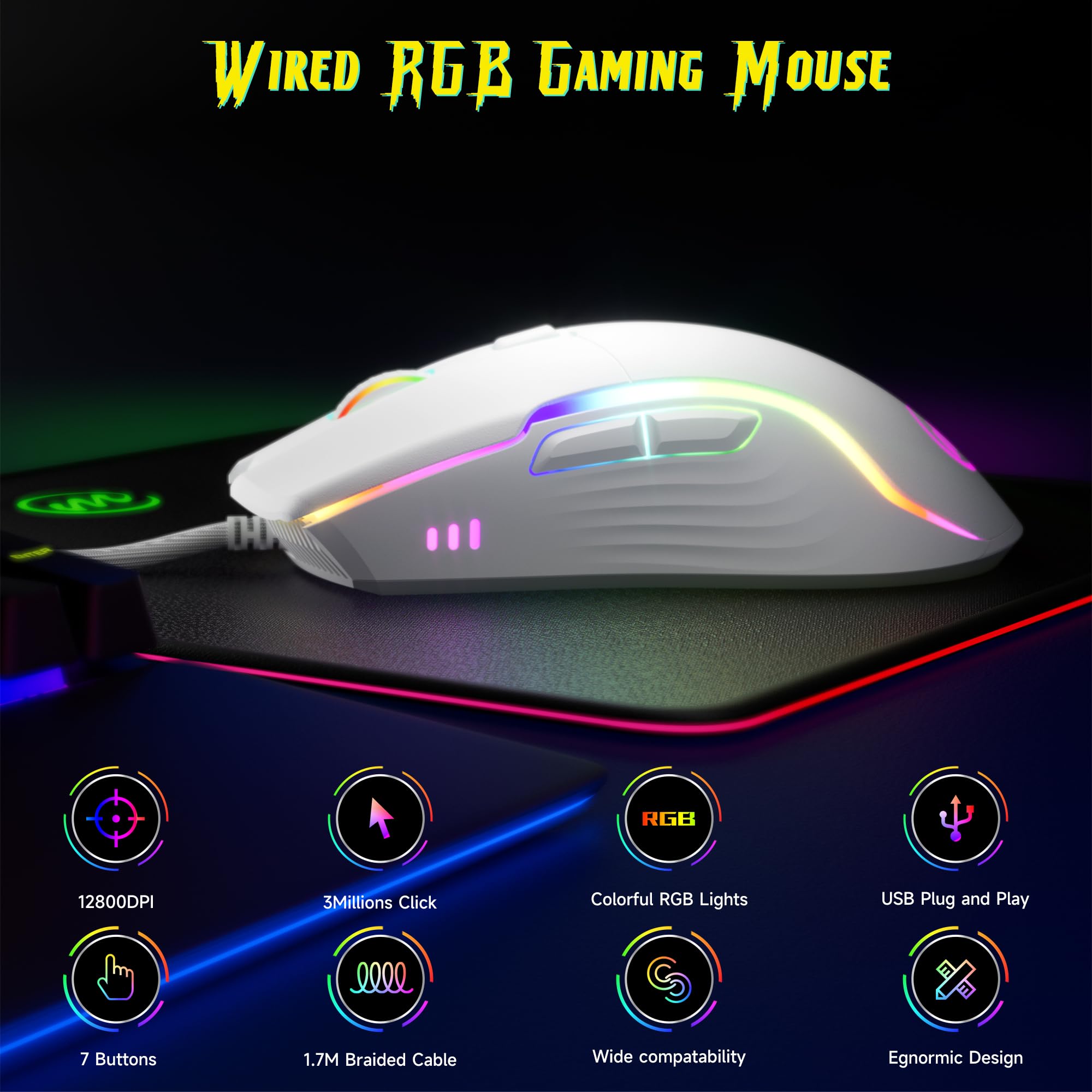 memzuoix Mouse Gaming con Cavo e Luci LED – 12.800 DPI Regolabili, 6 Pulsanti, 12 Modalità RGB, Rotella Ergonomica Antiscivolo – Compatibile con Windows/Mac