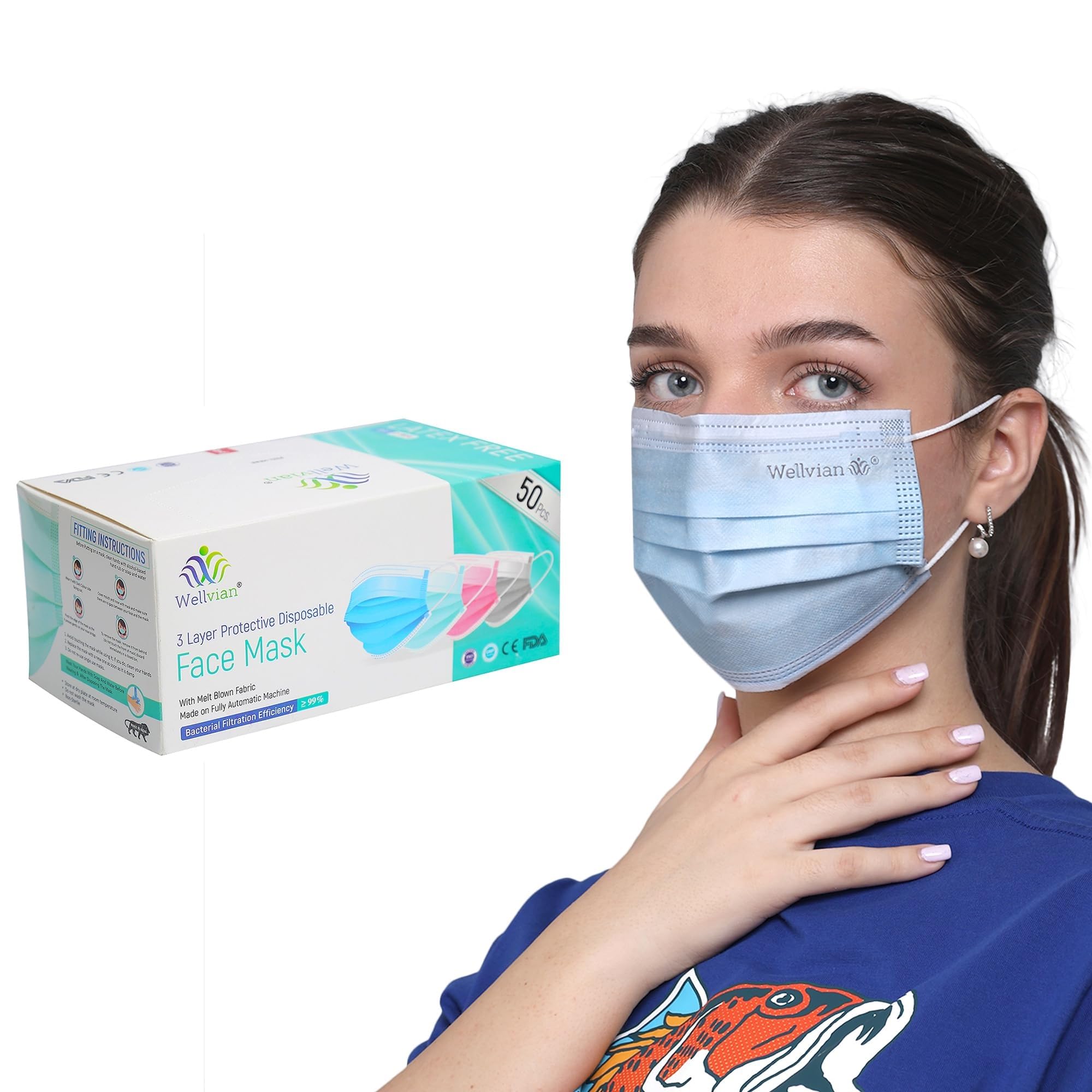 Wellvian Adult Mask Disposable Face Mask Meltblown Mask Surgical Face Mask With Nose Pin & Latex Free Ear Loops Bfe = 99% Colour : M. Blue Pack Of 50 Pcs (B0CKWB5Z1J) Amazon Price History, Amazon Price Tracker