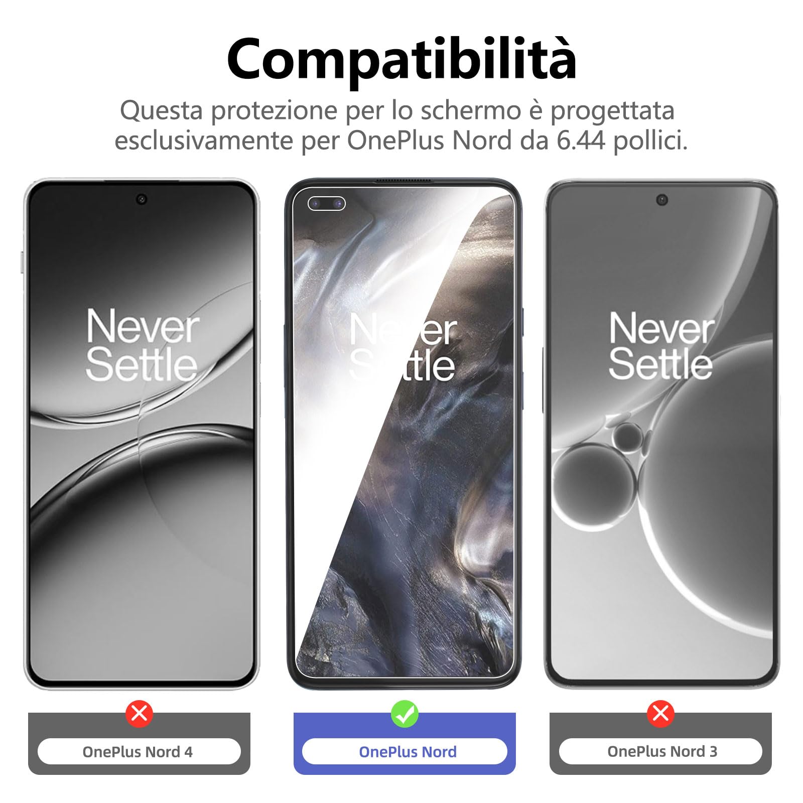NEW'C 3 Pezzi, Vetro Temperato per OnePlus Nord, Pellicola