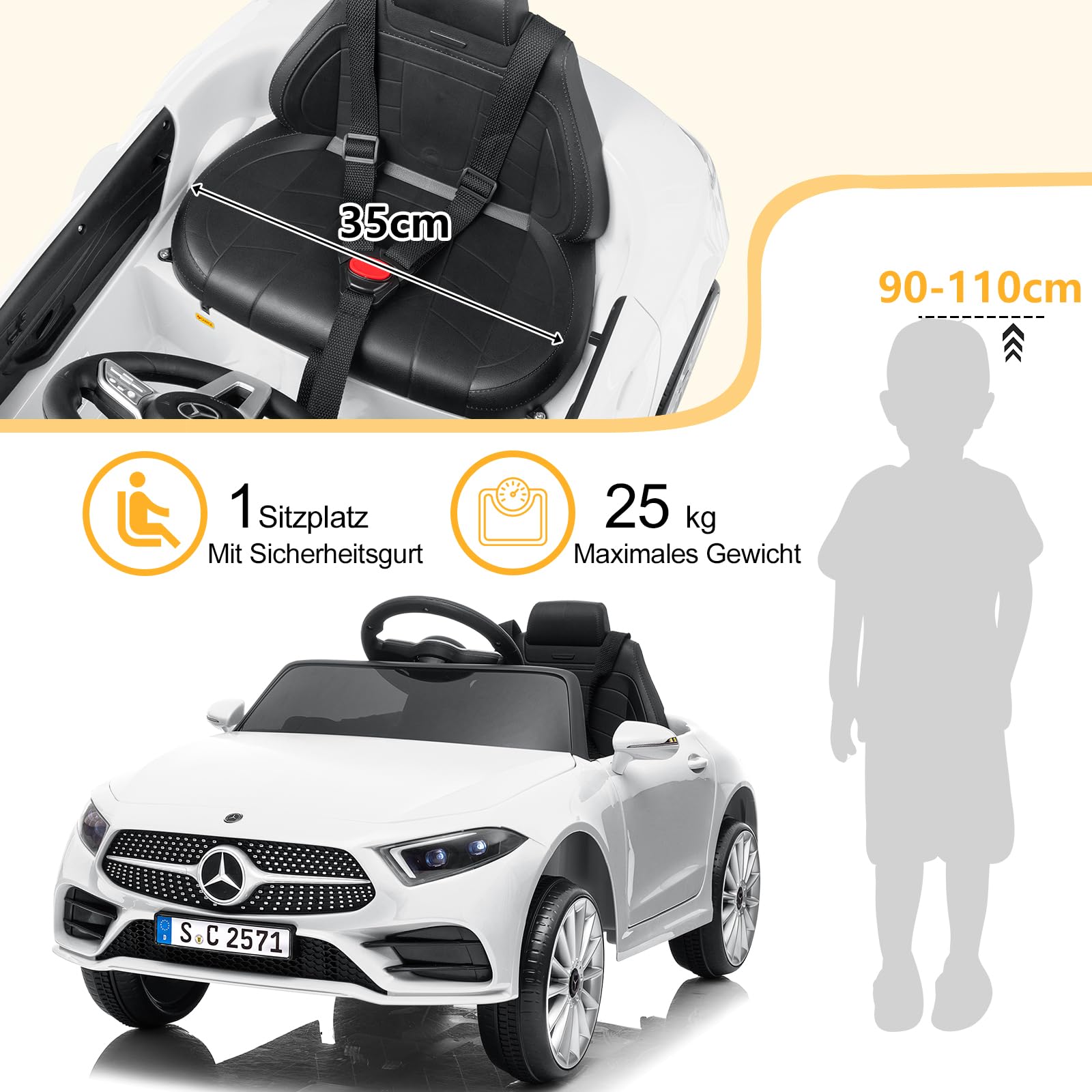 LALAHO Mercedes-Benz - Auto elettrica per bambini, 12 V, colore bianco | Telecomando 2,4 G, lettore MP3, luci LED e clacson, auto giocattolo elettrica per bambini