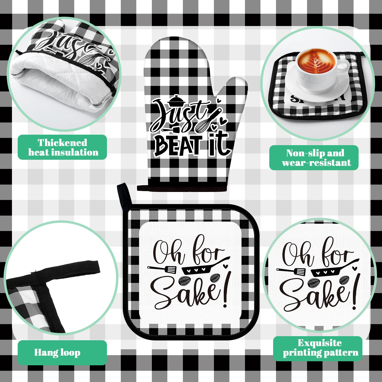 Fourluoo Juego de 10 manoplas de cocina a cuadros y soportes para ollas, paños de cocina en blanco y negro, accesorios de decoración de cocina para chef, hornear, cocinar, parrilla, barbacoa, mujeres