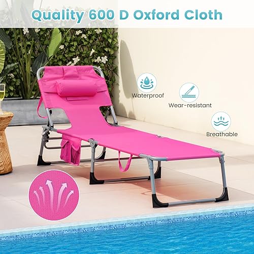 Miniatura 9 de Goplus Silla bronceadora, silla de playa plegable con agujero para cara y brazo, 5 posiciones ajustables, almohada extraíble, bolsillo lateral,