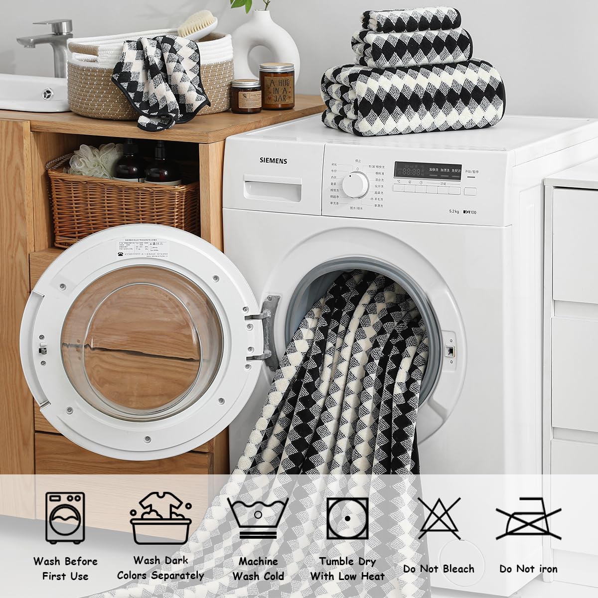 12 Pcs Black White Diamond Towel Set-4 Bath Towels,4 Hand Towels,4 Washcloths Soft Polyester Towels with Loop Absorbent Shower Towel Quick Dry Beach Chair Towel Family Towels for Bathroom Spa Gym Pool