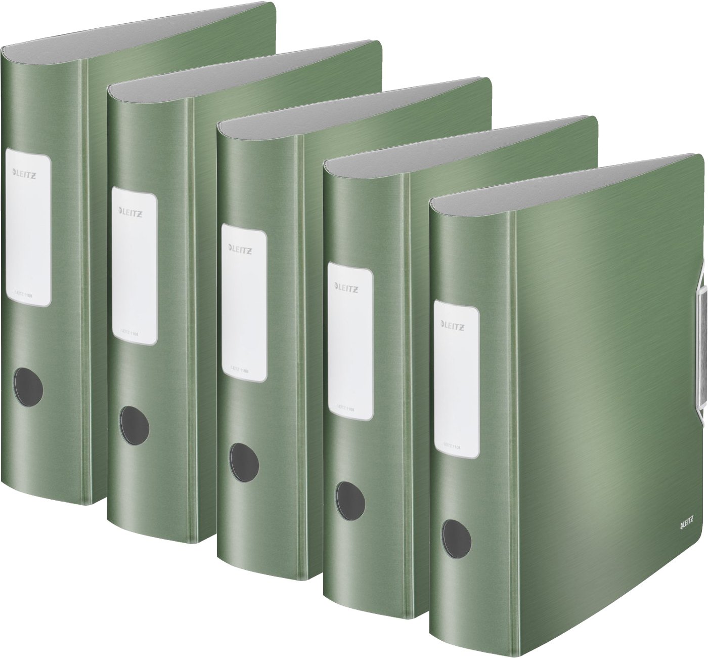 Leitz 11080053 Multifunktions-Ordner (A4, Runder Rücken 8,2 cm Breite, Gummibandverschluss, Gebürstete Alu-Optik, Kunststoff, Ergonomische Form, Active Style) seladon grün (5er Set | breit)