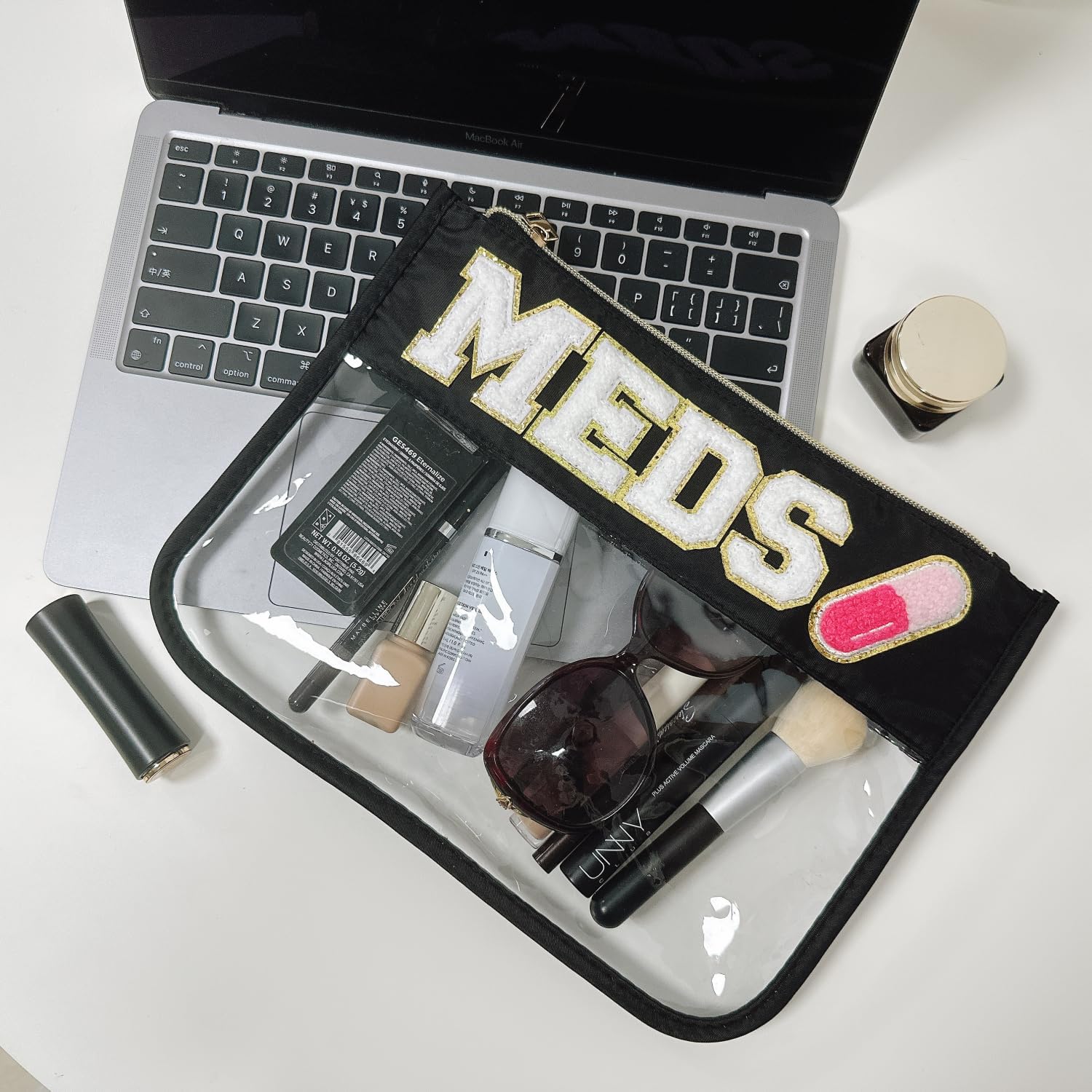 Clear Chenille Letter Makeup Bag Medicine Drug Bag Waterproof PVC&Nylon Preppy Patch Zipper Pouch Cosmetic Toiletry Travel Storage Bag for Women Girls (MEDS-black) image 2