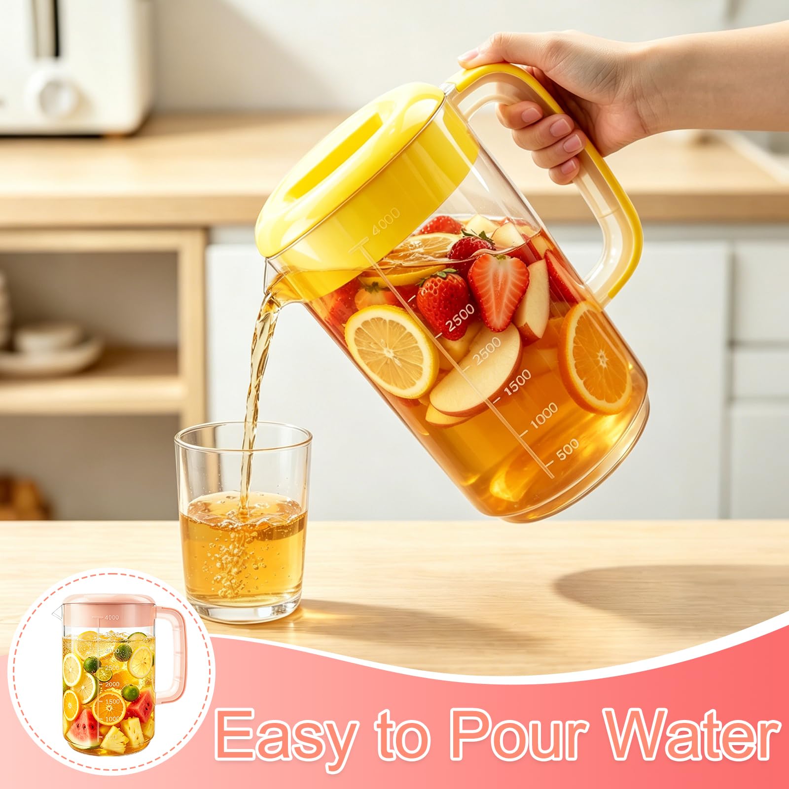 Nexboraque Paquete de 2 jarras coladoras de plástico de 1 galón con tapa, jarra de agua grande con asa y medidas para bebidas frías, jarra de té helado para limonada, leche, jugo, bebidas, rosa,