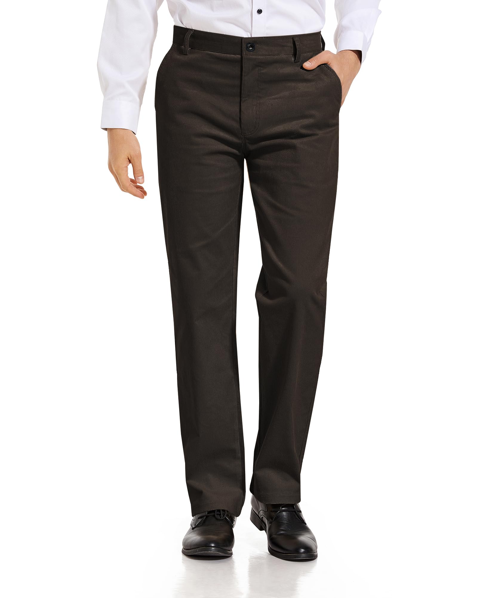 Alimens & Gentle Men's Corduroy Pant Straight Fit Flat-Front Casual Chino Pants, Coffee, 32W / 30L