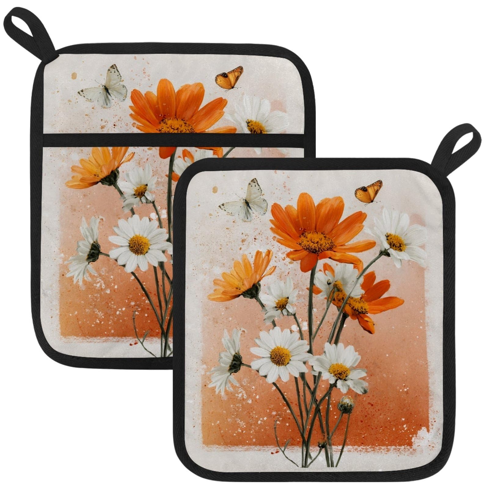 VAPOKF Flower Butterfly Pot Holders with Pocket for Kitchen Heat Resistant Potholders Large Polyester-Cotton Square Oven Mitts Set