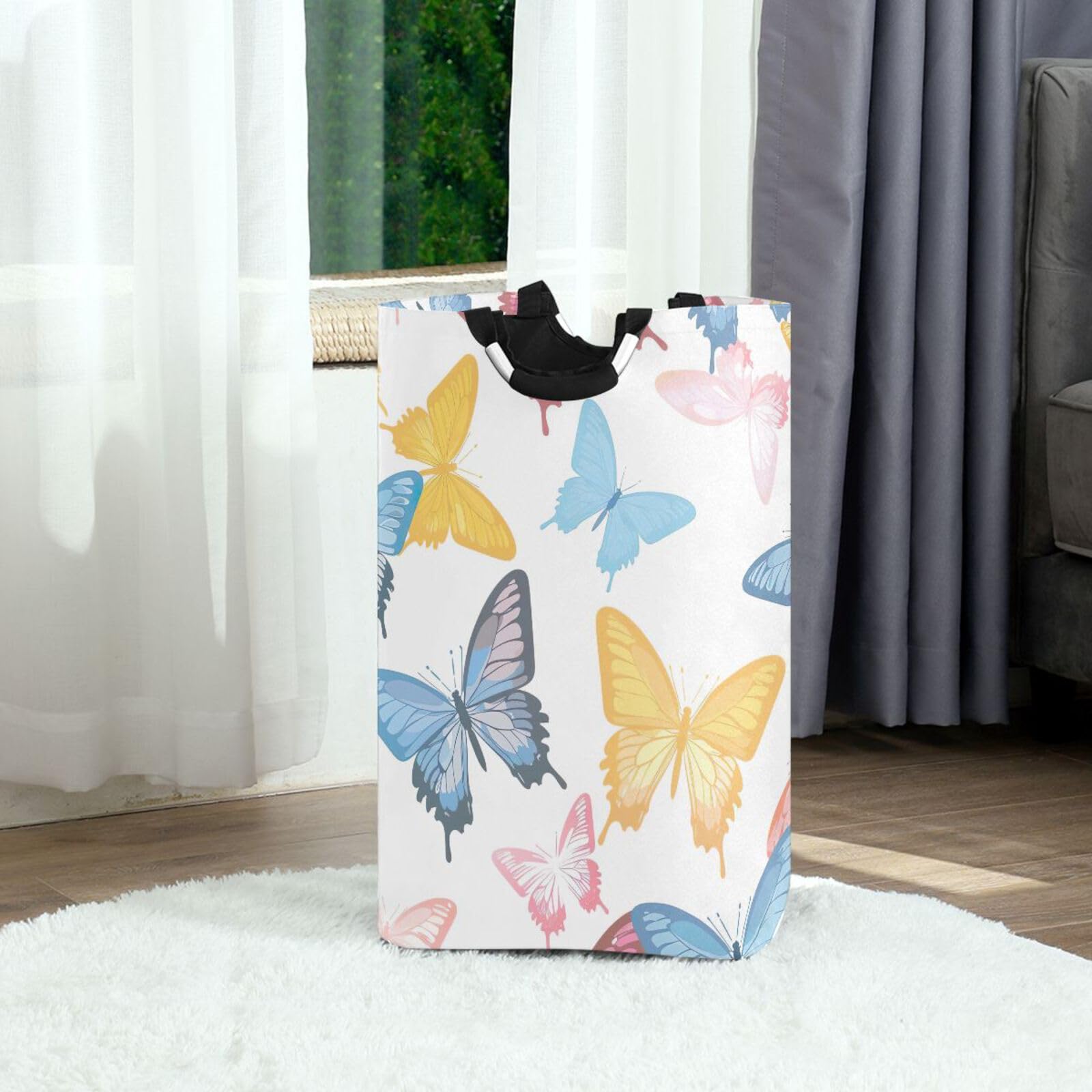 Jihqo Laundry Hamper Basket Colorful Butterflies Collapsible Nursery Storage Bin Waterproof Clothing Baskets for Home Bedroom Bathroom Washing Room