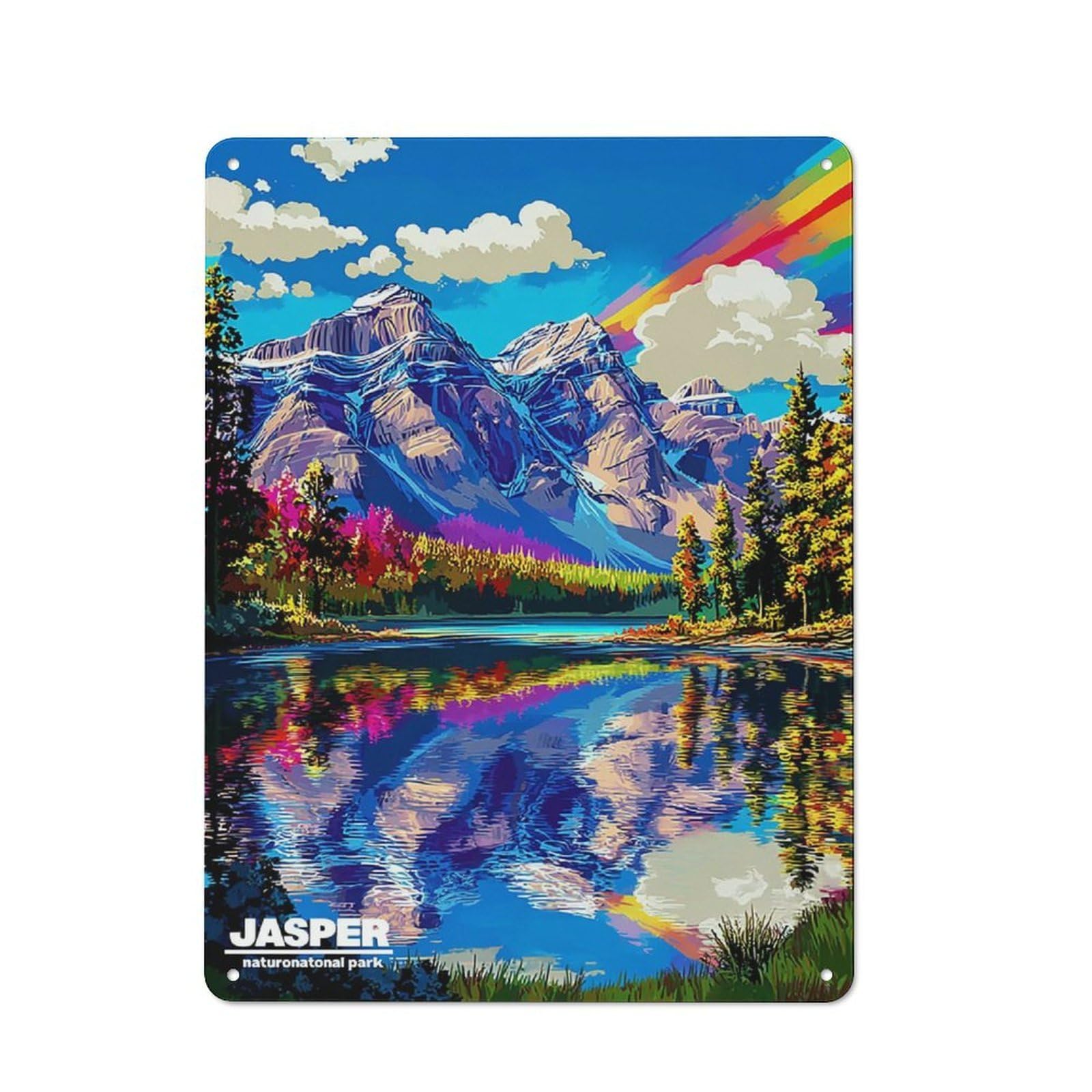 Junmoney Jasper National Park Rainbow Reflections Tin Wall Plaque 40X30cm With For Home Office Or Studio, For Home Office Decor Fans